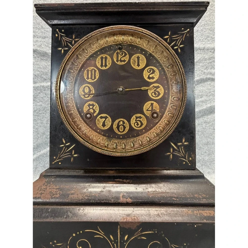 Antique Ansonia Mantel Clock Black Gold Floral 1882 Patent Victorian Decor